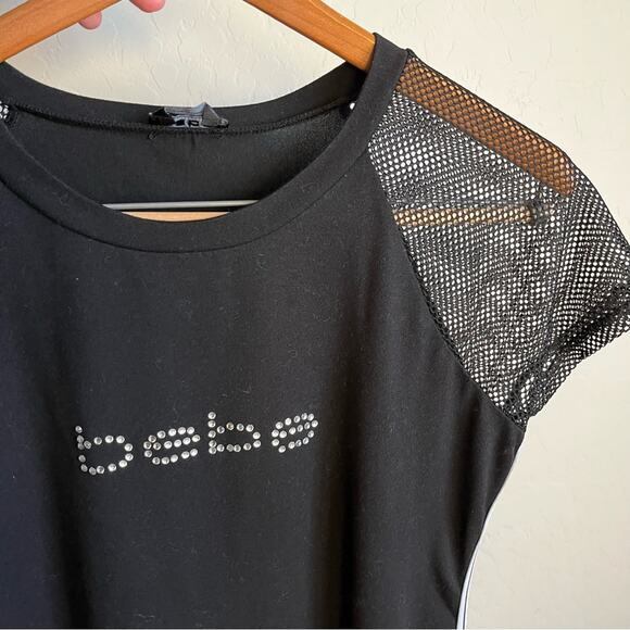 BEBE mesh sleeve sporty bling embellished logo black athletic stripe XL - Picture 3 of 8